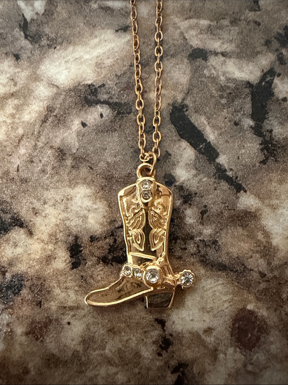 Gold Cowboy Boot Pendant Necklace with Rhinestones